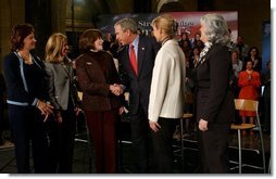 President George W. Bush thanks women business owners for participating in a conversation about the economy at the U.S. Department of Commerce in Washington, D.C., Friday, Jan. 9, 2004. From left, they are: Lurita Doan of Reston, Va.; Maria Coakley David of Falls Church, Va.; Sharon Evans of Fort Worth, Texas; Nancy Connolly of Littleton, Mass.; and Catherine Giordano Virginia Beach, Va. White House photo by Tina Hager.