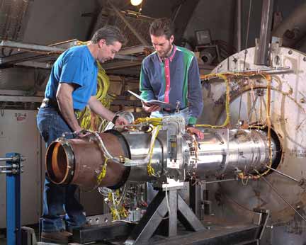 The FJX-2 turbofan engine in Glenn's Propulsion Systems Lab (PSL) altitude test chamber. PSL is NASA's only ground-based test facility capable of true flight simulation for experimental research on air-breathing propulsion systems.